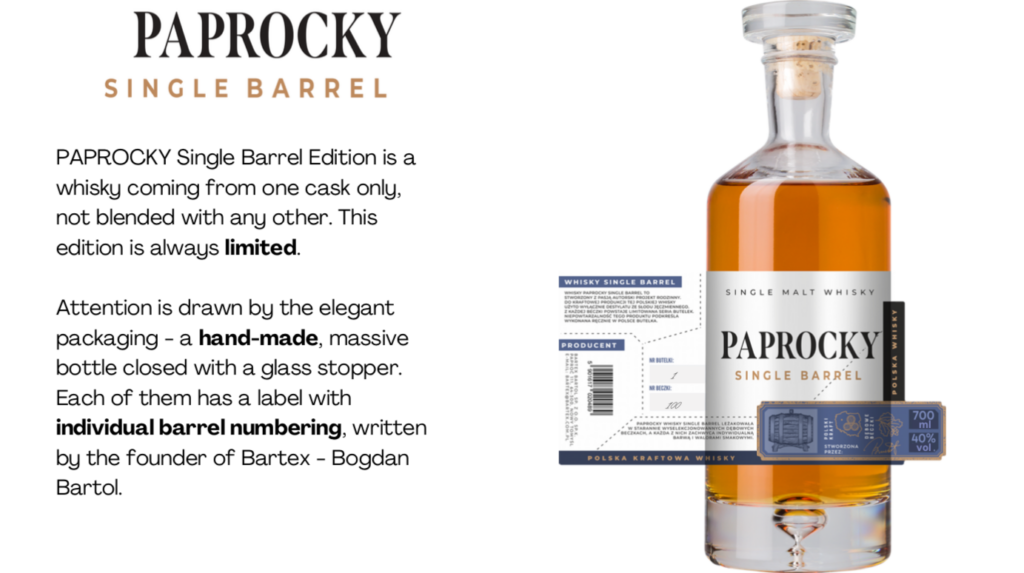 Paprocky Single Barrel Limited edition, elegant packaging, hand made. Individual barrel numbering 